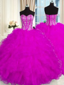 Floor Length Lace Up Quinceanera Dresses Fuchsia for Military Ball and Sweet 16 and Quinceanera with Beading and Ruffles