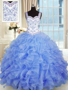 Blue Ball Gowns Organza Sweetheart Sleeveless Beading and Appliques and Ruffles Floor Length Lace Up 15th Birthday Dress