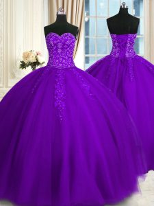 Cute Purple Tulle Lace Up Vestidos de Quinceanera Sleeveless Floor Length Appliques