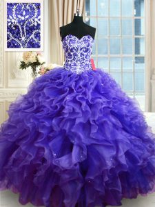 Fancy Purple Organza Lace Up Sweetheart Sleeveless Floor Length Vestidos de Quinceanera Beading and Ruffles