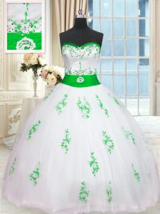 Artistic Floor Length Lace Up Quince Ball Gowns White for Military Ball and Sweet 16 and Quinceanera with Appliques and 