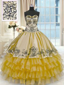 Ruffled Floor Length Gold Quinceanera Gowns Sweetheart Sleeveless Lace Up