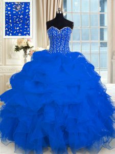 Glittering Royal Blue Organza Lace Up Sweet 16 Dresses Sleeveless Floor Length Beading and Ruffles