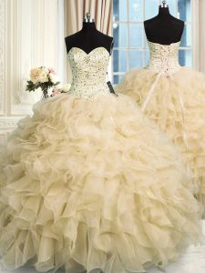 Amazing Champagne Lace Up Quinceanera Dress Beading and Ruffles Sleeveless Floor Length