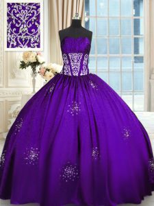 Fashionable Purple Ball Gowns Sweetheart Sleeveless Taffeta Floor Length Lace Up Beading and Appliques and Ruching Quinc