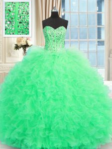 High Class Tulle Sweetheart Sleeveless Lace Up Beading and Ruffles 15th Birthday Dress in Apple Green