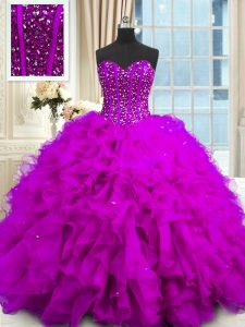 Exceptional Sleeveless Floor Length Beading and Ruffles and Sequins Lace Up Sweet 16 Dress with Purple