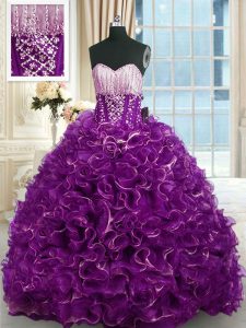 Vintage Sweetheart Sleeveless Sweet 16 Dresses With Brush Train Beading and Ruffles Purple Organza