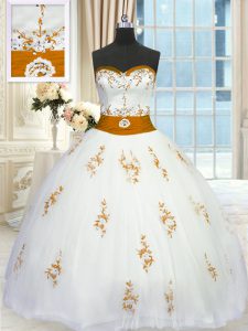 Fabulous Sweetheart Sleeveless Tulle Quinceanera Dresses Appliques and Belt Lace Up