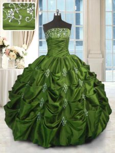 Strapless Sleeveless Sweet 16 Dress Floor Length Beading and Appliques and Embroidery and Pick Ups Green Taffeta
