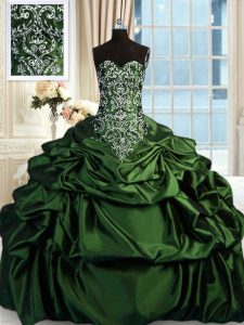 Attractive Sweetheart Sleeveless Quinceanera Gowns Floor Length Beading and Embroidery and Pick Ups Dark Green Taffeta