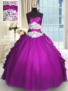 Custom Made Eggplant Purple Sleeveless Beading and Lace and Ruching and Pick Ups Floor Length Sweet 16 Dresses