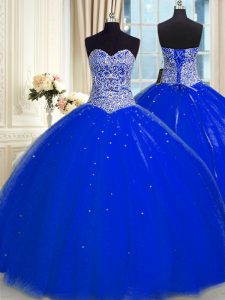 Royal Blue Ball Gowns Sweetheart Sleeveless Tulle Floor Length Backless Beading and Sequins Vestidos de Quinceanera