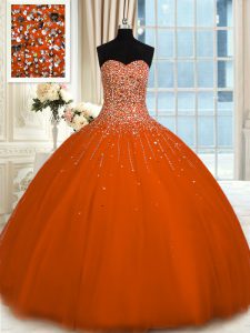 Affordable Rust Red Sleeveless Beading Floor Length Ball Gown Prom Dress