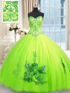 Free and Easy Yellow Green Sweetheart Lace Up Beading and Appliques and Embroidery Quinceanera Gowns Sleeveless