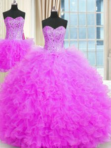 Romantic Three Piece Lilac Ball Gowns Strapless Sleeveless Tulle Floor Length Lace Up Beading and Ruffles Quinceanera Dr
