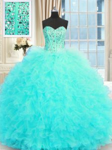 Fine Sleeveless Tulle Floor Length Lace Up Quinceanera Gown in Aqua Blue with Beading and Ruffles