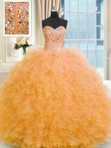 Floor Length Orange Quinceanera Gown Strapless Sleeveless Lace Up