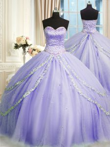 Adorable Lavender Ball Gowns Sweetheart Sleeveless Tulle With Train Court Train Lace Up Beading and Appliques Quinceaner