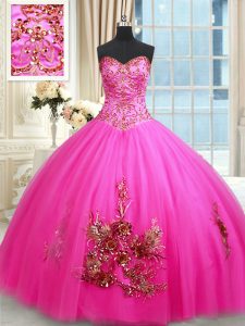 Perfect Floor Length Hot Pink 15 Quinceanera Dress Tulle Sleeveless Beading and Appliques and Embroidery