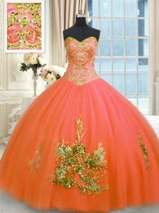 Flare Orange Red Tulle Lace Up Sweet 16 Dresses Sleeveless Floor Length Beading and Appliques and Embroidery