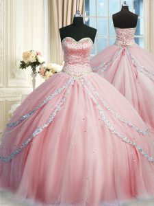 High Class Sleeveless Court Train Beading and Appliques Lace Up Quince Ball Gowns