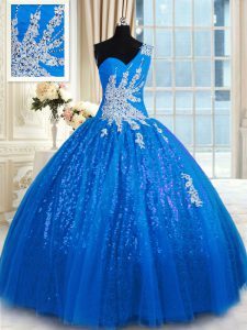 One Shoulder Blue Sleeveless Tulle and Sequined Lace Up Quinceanera Gowns for Military Ball and Sweet 16 and Quinceanera