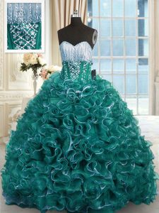 Turquoise Sleeveless Organza Brush Train Lace Up Sweet 16 Quinceanera Dress for Military Ball and Sweet 16 and Quinceane