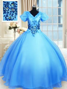 Baby Blue Short Sleeves Floor Length Appliques Lace Up Quinceanera Dresses
