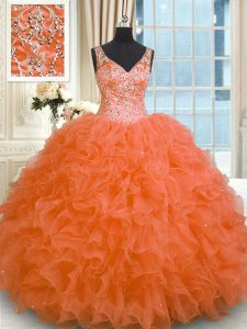 Amazing Beading and Ruffles 15th Birthday Dress Orange Red Zipper Sleeveless Floor Length