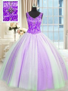 Customized White And Purple V-neck Lace Up Beading and Sequins Quince Ball Gowns Sleeveless