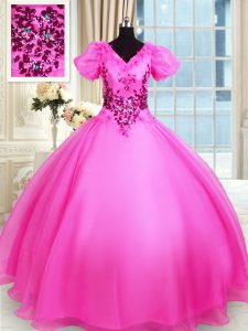 Hot Pink Ball Gowns Appliques Sweet 16 Quinceanera Dress Lace Up Organza Short Sleeves Floor Length