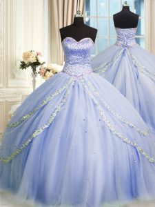 Modest Sleeveless Brush Train Zipper With Train Beading and Appliques 15 Quinceanera Dress