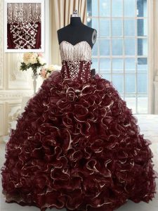Brown 15th Birthday Dress Military Ball and Sweet 16 and Quinceanera and For with Beading and Ruffles Sweetheart Sleevel