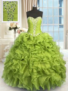 Fashion Yellow Green Sleeveless Organza Lace Up Quinceanera Dresses for Military Ball and Sweet 16 and Quinceanera
