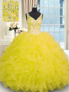 Beautiful Yellow Organza Zipper Quinceanera Dress Sleeveless Floor Length Beading and Ruffles