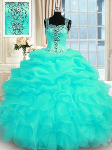 Turquoise Zipper Quinceanera Gowns Beading and Ruffles Sleeveless Floor Length