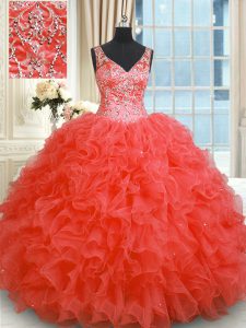 Super Beading and Ruffles Ball Gown Prom Dress Coral Red Zipper Sleeveless Floor Length