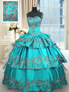 Adorable Aqua Blue Sweetheart Neckline Embroidery and Ruffled Layers 15 Quinceanera Dress Sleeveless Lace Up