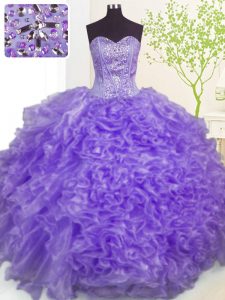 Edgy Beading and Ruffles and Pick Ups Quince Ball Gowns Lavender Lace Up Sleeveless Floor Length