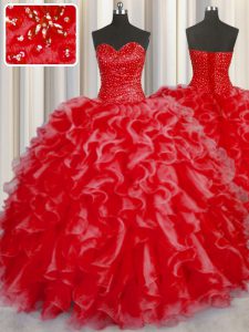 Flirting Halter Top Coral Red Ball Gowns Beading and Ruffles 15th Birthday Dress Lace Up Organza Sleeveless Floor Length