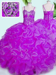 Lovely Floor Length Fuchsia Quinceanera Dresses Spaghetti Straps Sleeveless Lace Up
