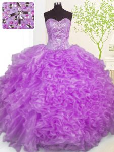 Sleeveless Floor Length Beading and Ruffles and Pick Ups Lace Up Sweet 16 Dresses with Purple