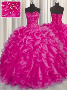 Elegant Hot Pink Lace Up Quinceanera Dress Beading and Ruffles Sleeveless Floor Length