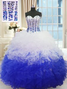 Dazzling Sleeveless Floor Length Beading and Ruffles Lace Up 15 Quinceanera Dress with Blue And White