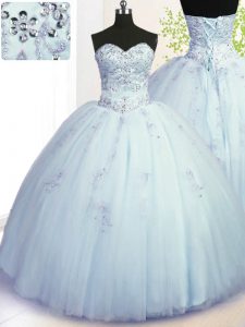 Light Blue Ball Gowns Tulle Sweetheart Sleeveless Beading and Appliques Floor Length Lace Up Sweet 16 Dresses
