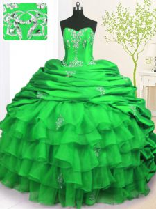 Glittering Strapless Sleeveless Quinceanera Gowns With Brush Train Beading and Appliques and Ruffled Layers and Pick Ups