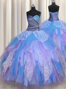 Adorable Multi-color Ball Gowns Tulle Sweetheart Sleeveless Beading and Ruching Floor Length Lace Up Quinceanera Gowns