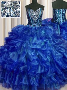 Ideal Royal Blue Organza Lace Up Sweet 16 Dresses Sleeveless Floor Length Beading and Ruffles