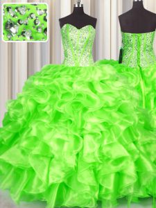 Custom Designed Organza Lace Up Sweetheart Sleeveless Floor Length Sweet 16 Dress Beading and Ruffles